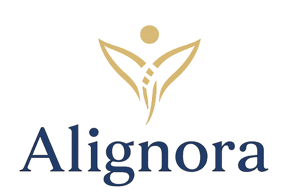 The Alignora logo is displayed on a solid white background, featuring a gold stylized figure icon above the brand name 'Alignora' in dark navy blue text.